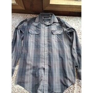Vintage Western Cowboy Pearl Snap White Horse Shirt Gray Plaid Large Stripes